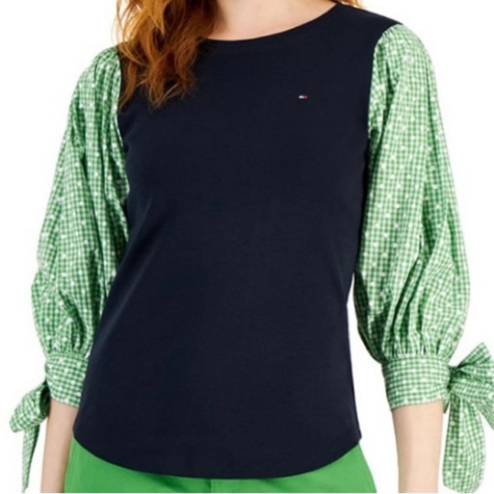 Tommy Hilfiger Navy Top with Green Gingham Puff Sleeves